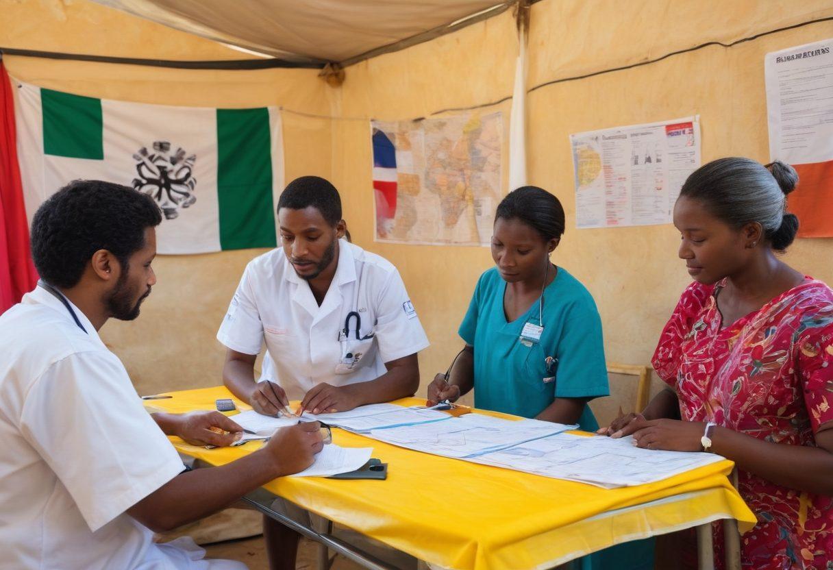 A diverse group of Médecins Sans Frontières medical staff actively providing care to patients in a vibrant, makeshift clinic located in a rural setting. Include elements that represent global health, such as maps and medical supplies, with a backdrop of various national flags symbolizing international collaboration. The atmosphere should be one of hope and resilience, showcasing both patients and volunteers working together. bright colors. 3D. highly detailed.