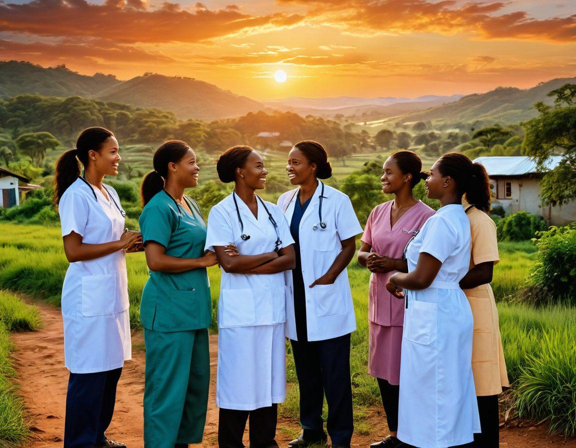 An inspiring scene depicting a diverse group of healthcare workers, including doctors and nurses, collaborating passionately in a remote village setting. In the background, lush green landscapes symbolize hope and growth, while patients of various ages are receiving care. The sky is painted in warm hues of sunrise, signifying a new dawn in global health equity. Capture the emotions of compassion and dedication. super-realistic. vibrant colors. natural background.