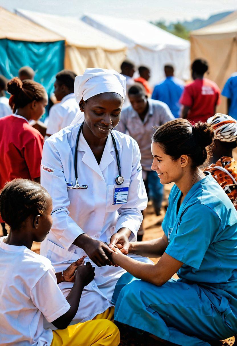 A compassionate scene depicting healthcare workers from Médecins Sans Frontières providing medical assistance to displaced individuals in a vibrant camp setting. Show diverse people of all ages receiving care, with a backdrop of makeshift tents and healthcare tents. The atmosphere should convey hope and resilience amidst adversity, highlighting the urgency of humanitarian aid. Capture the emotional connection between caregivers and patients. super-realistic. vibrant colors.